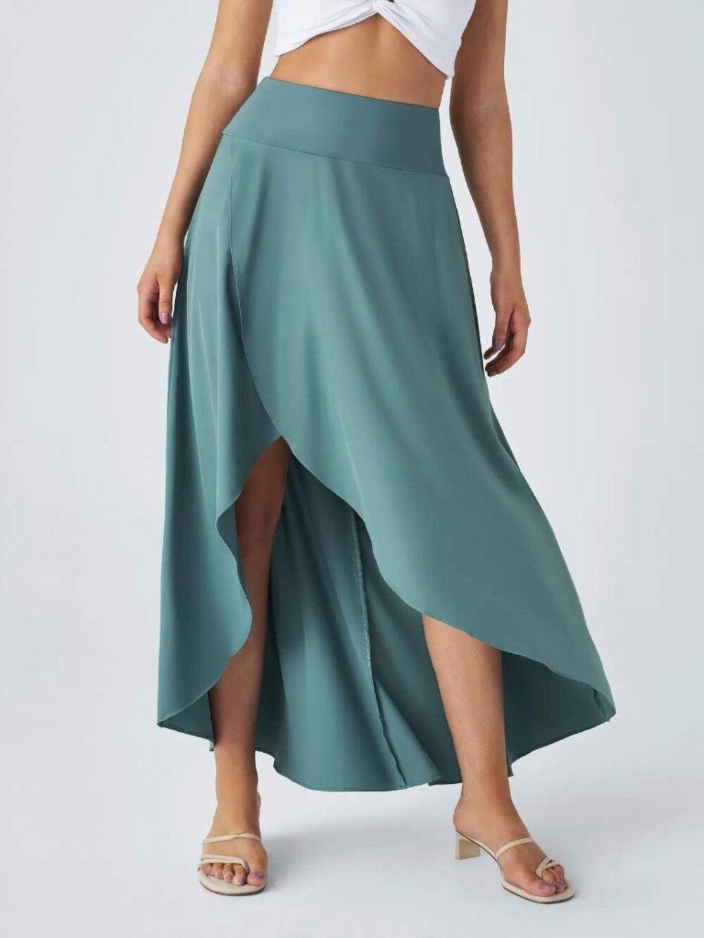Halara Breezeful Skirt Sz L High Waisted High Low Ruffle 2-in-1 Flowy Stone Blue